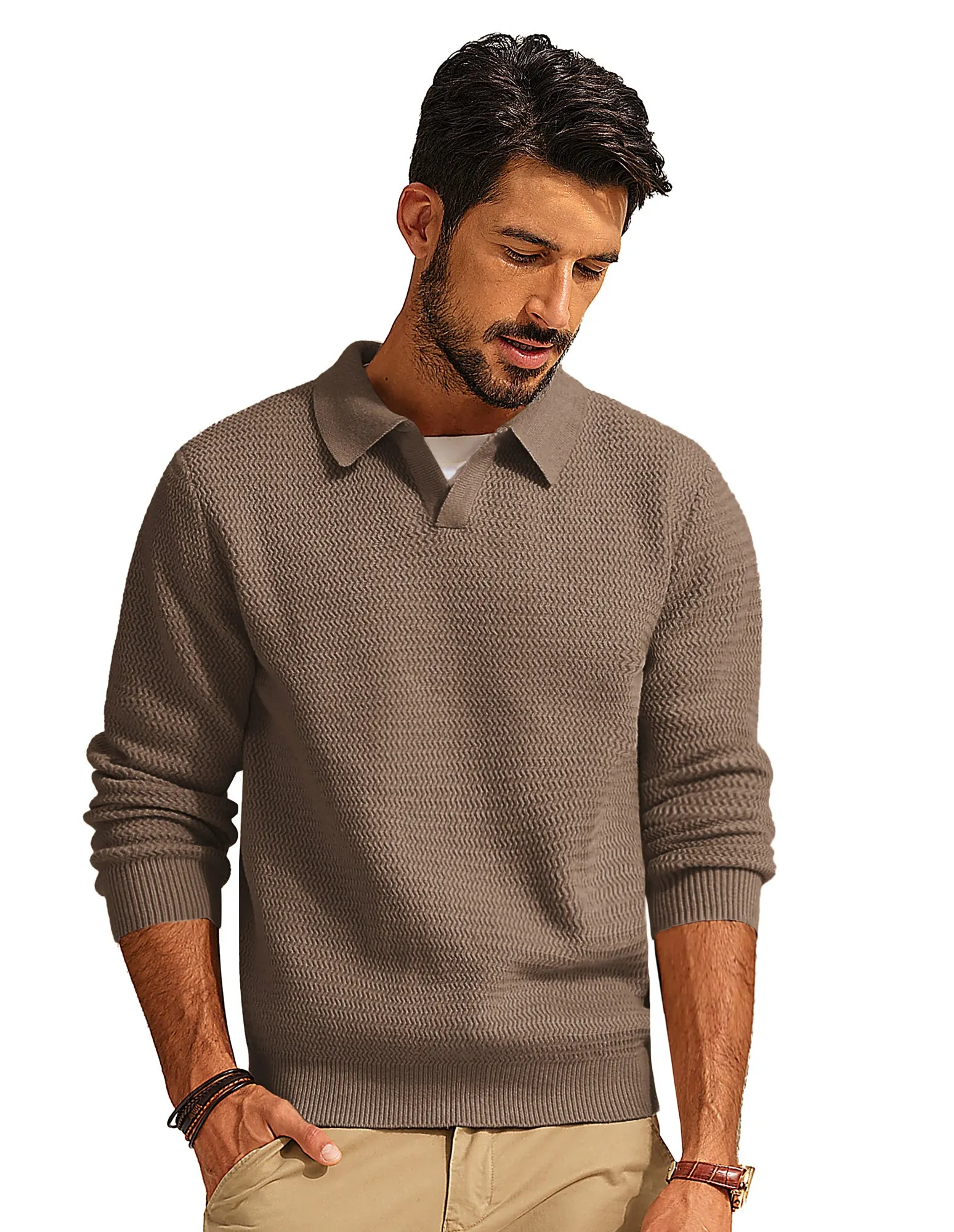 Men Fully Textured Sweater Long Sleeve Lapel Collar V-Neck Pullover Knitwear