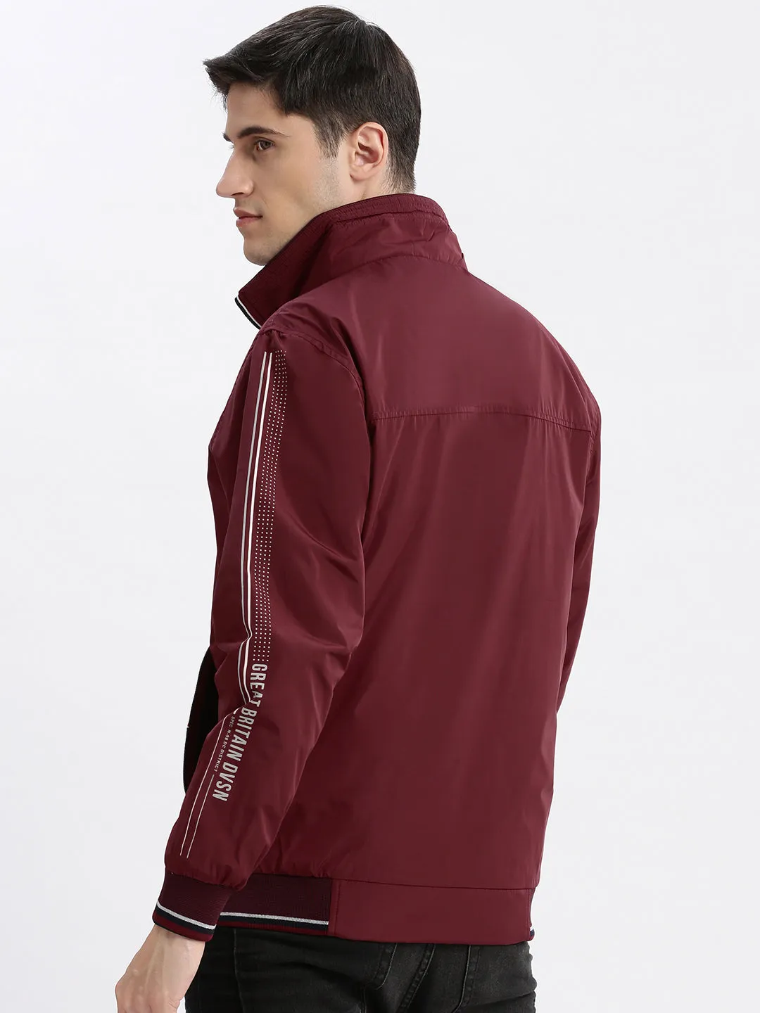 Men Solid Mock Collar Maroon Bomber Jacket