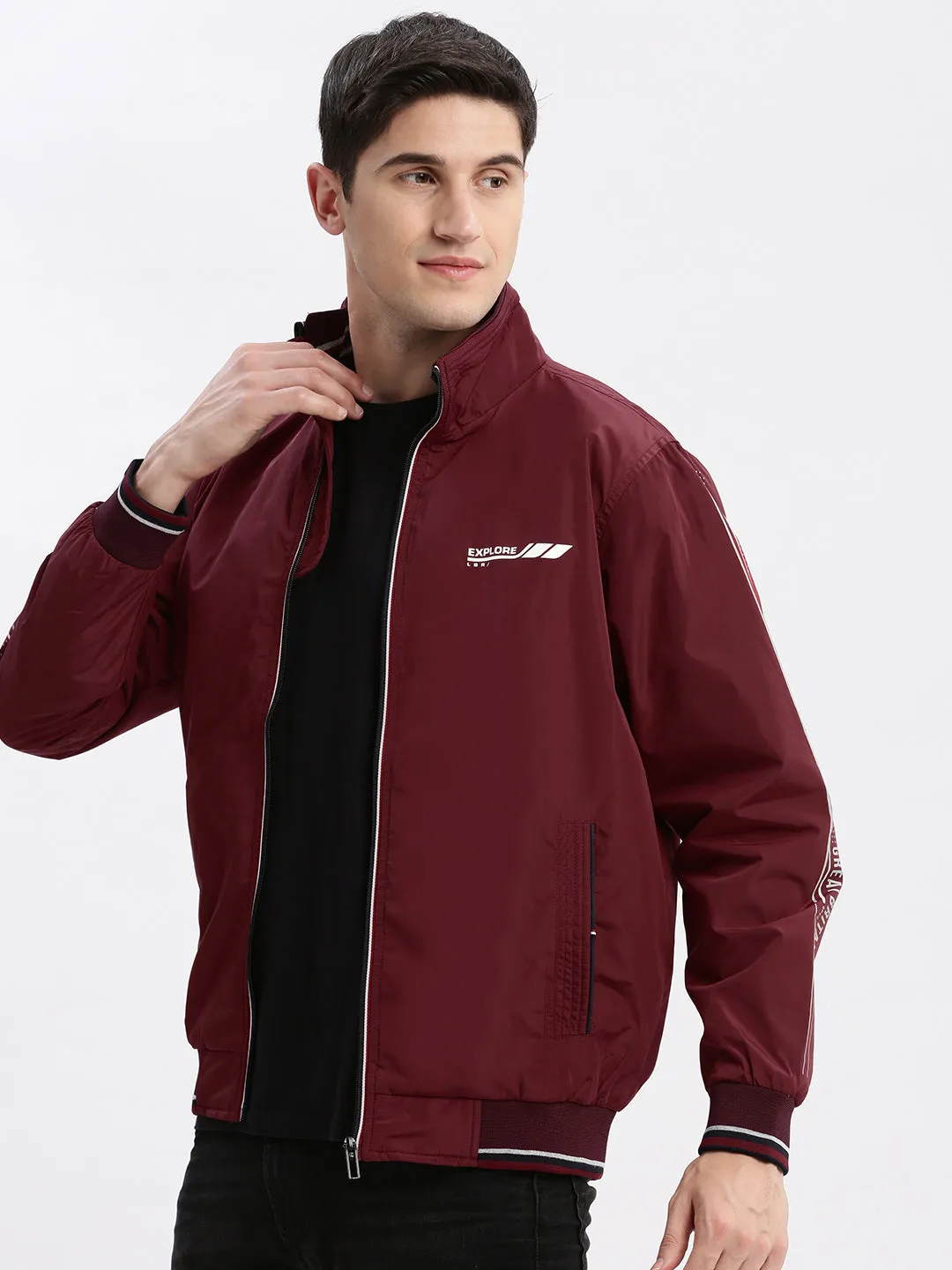 Men Solid Mock Collar Maroon Bomber Jacket