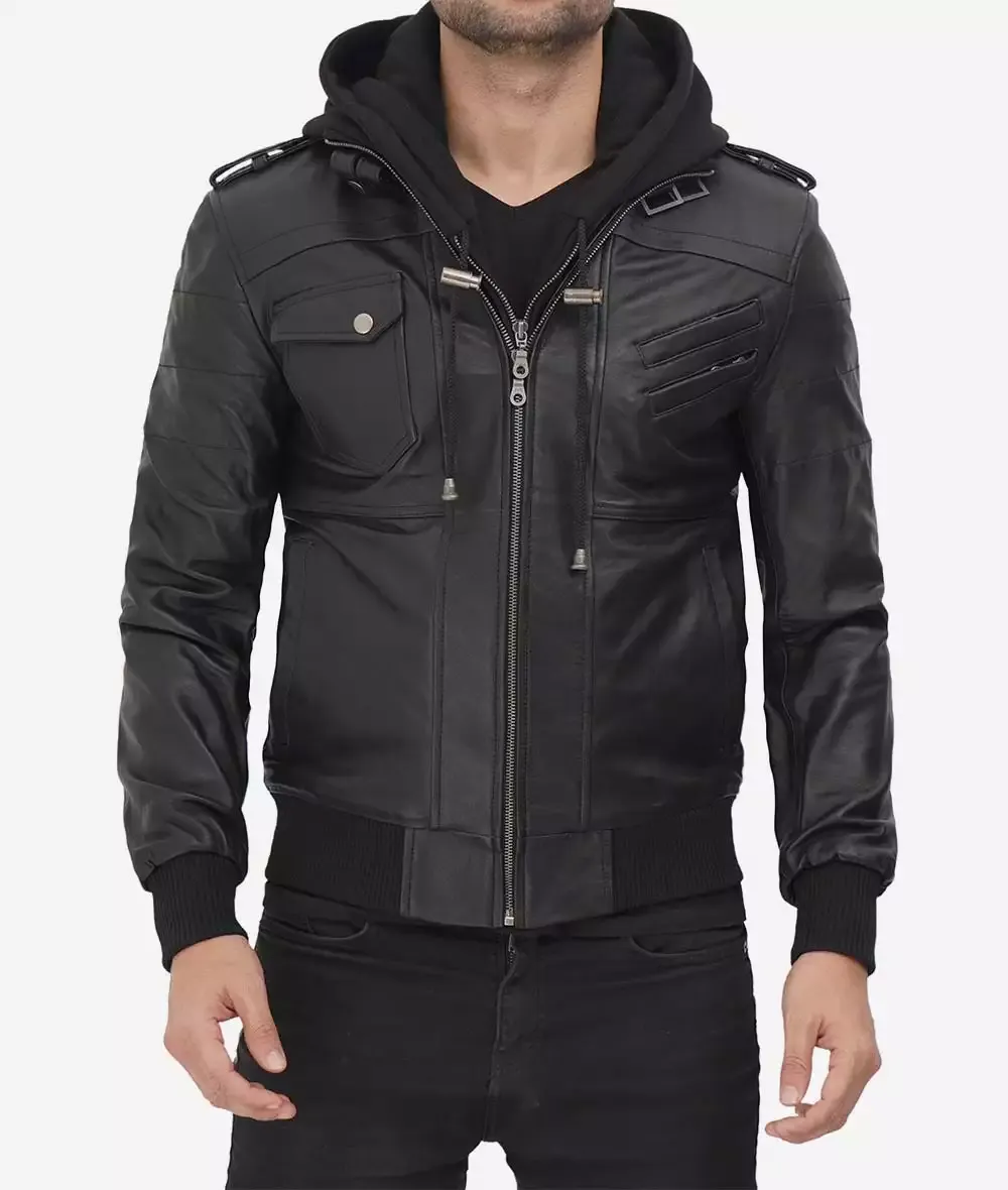 Mens Black Bomber Leather Jacket with removable hood