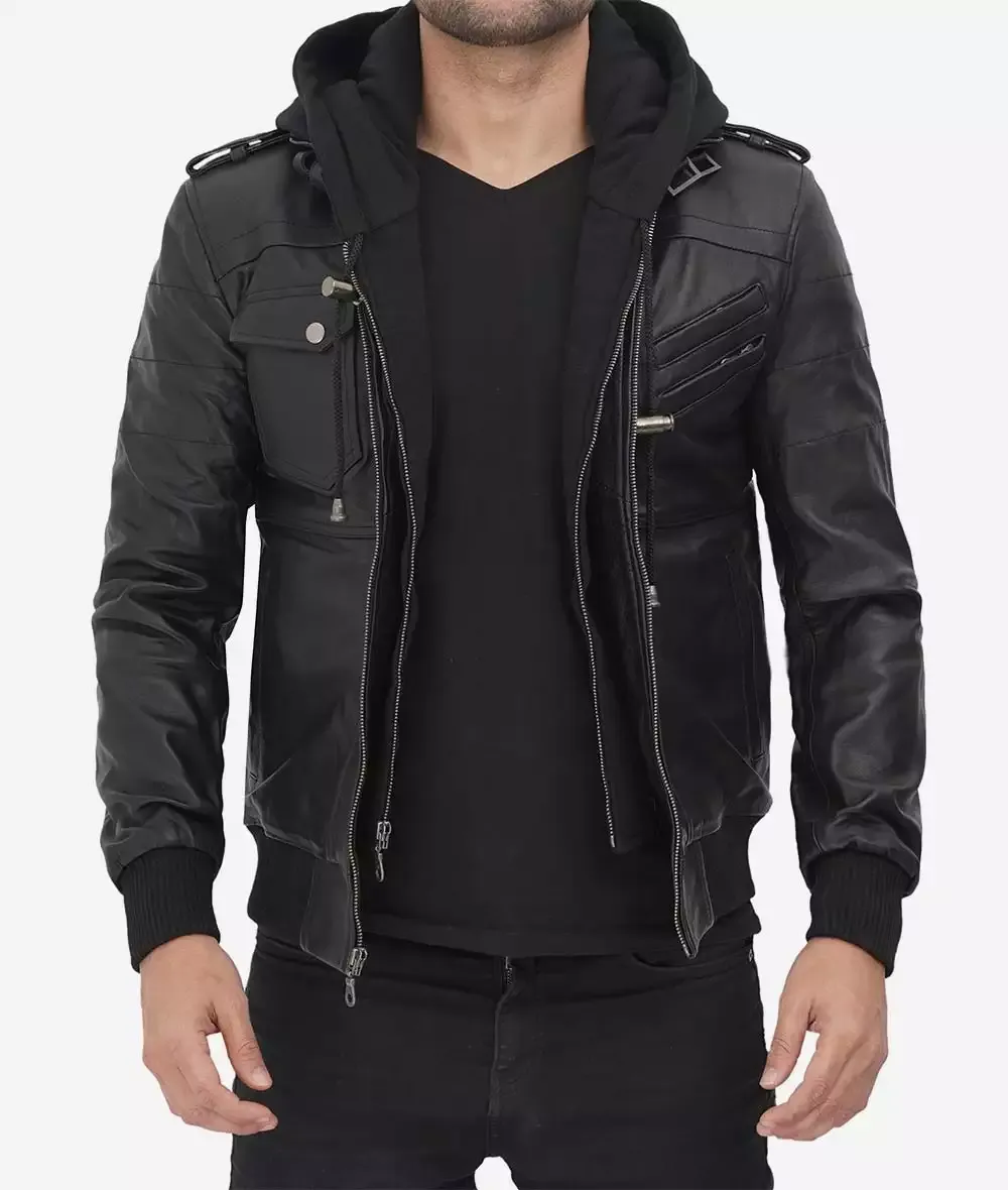 Mens Black Bomber Leather Jacket with removable hood