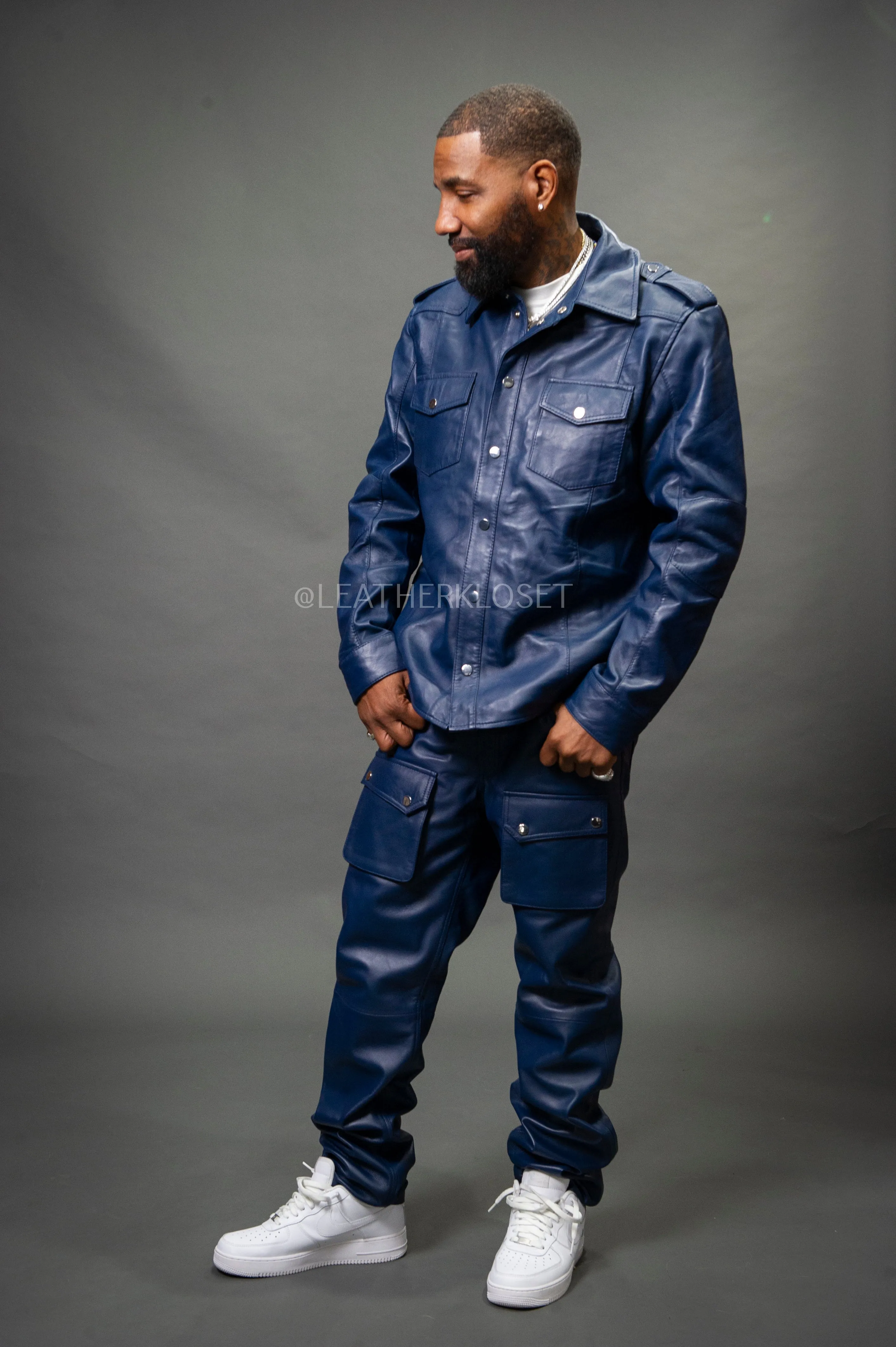 Men's James Leather Shirt And Cargo Pants Set [Navy]