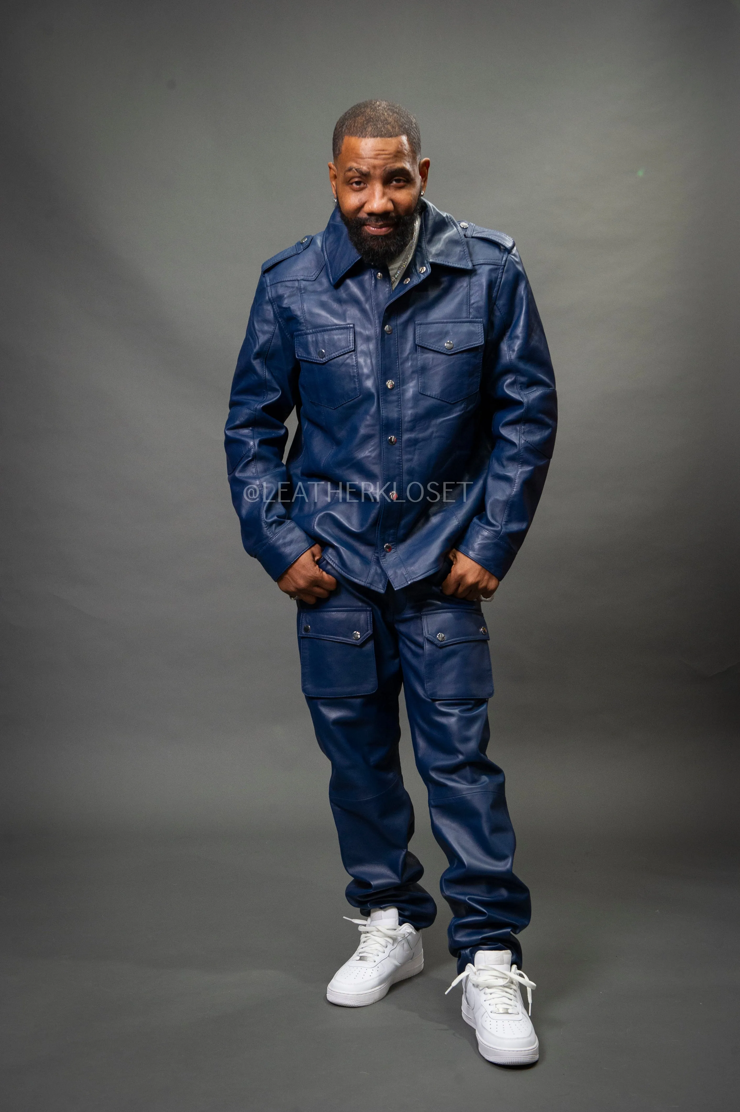 Men's James Leather Shirt And Cargo Pants Set [Navy]