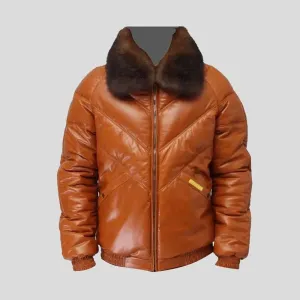 Mens Puffer Leather V-Bomber Jacket Red White Blue With White Fox Fur