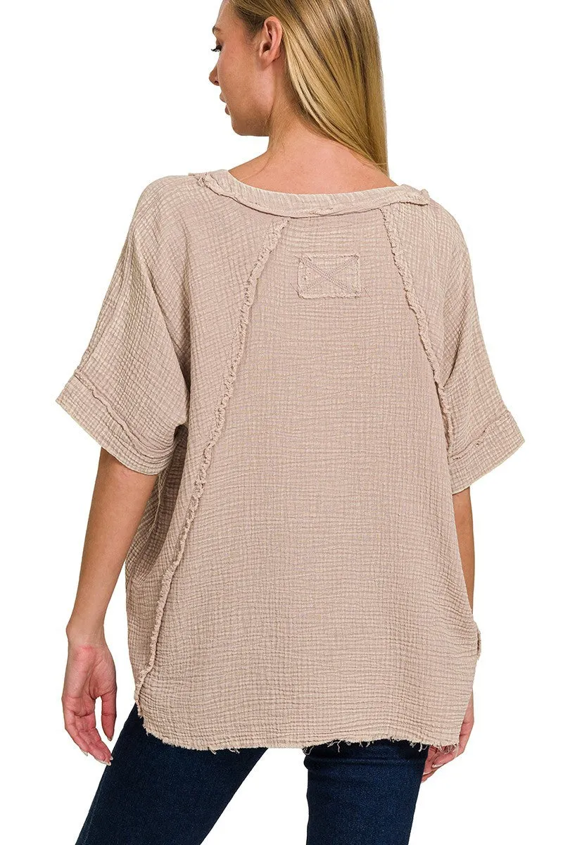 Mineral Washed Double Layer Gauze Top in Ash Mocha FINAL SALE