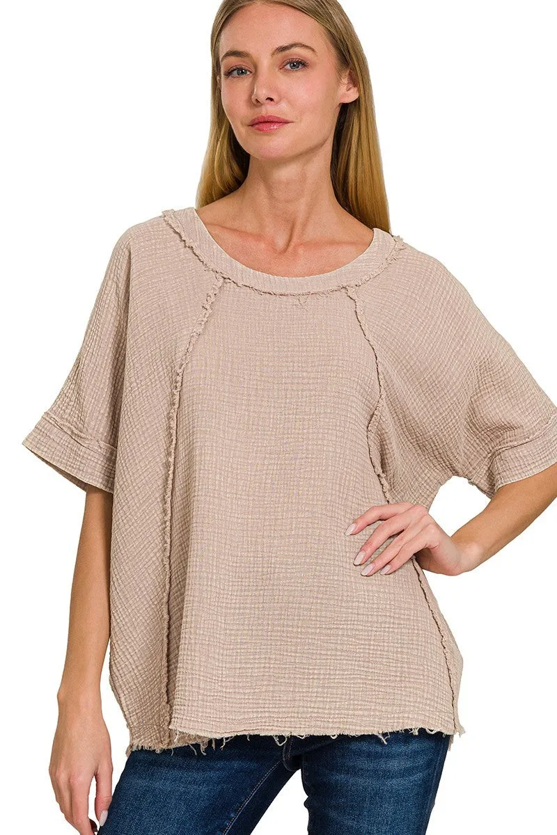 Mineral Washed Double Layer Gauze Top in Ash Mocha FINAL SALE