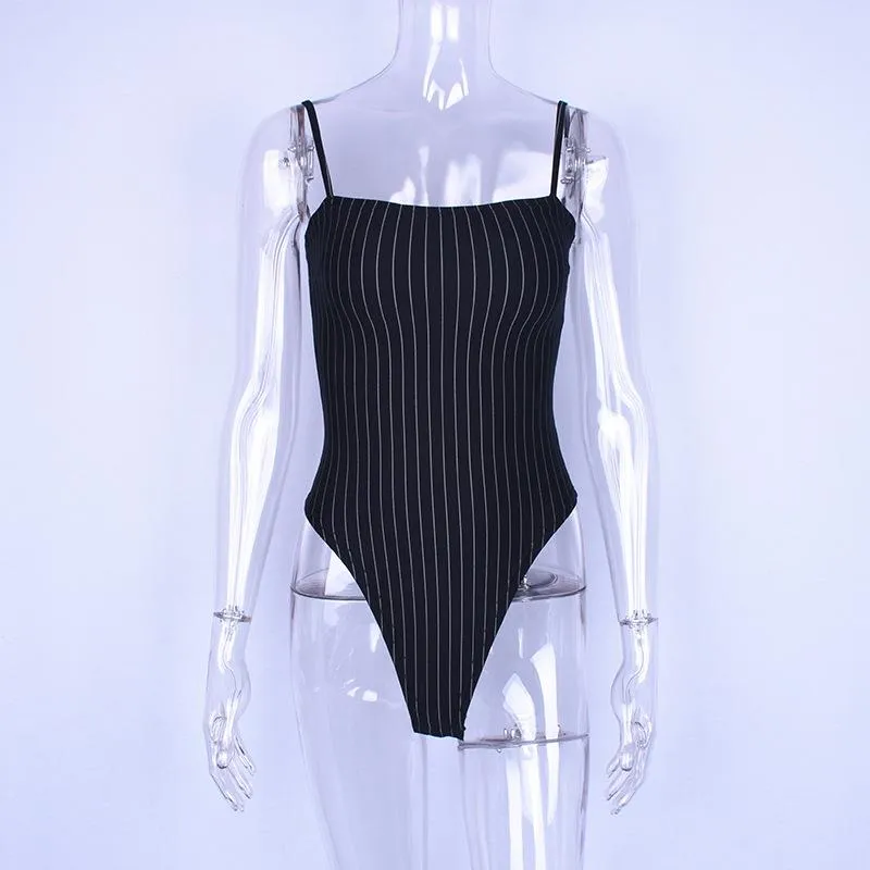 New Striped Spaghetti Straps Bodysuit