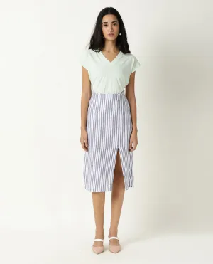 Rareism Women Moonly Blue Cotton Linen Fabric Slim Fit High Rise Striped Midi Skirt