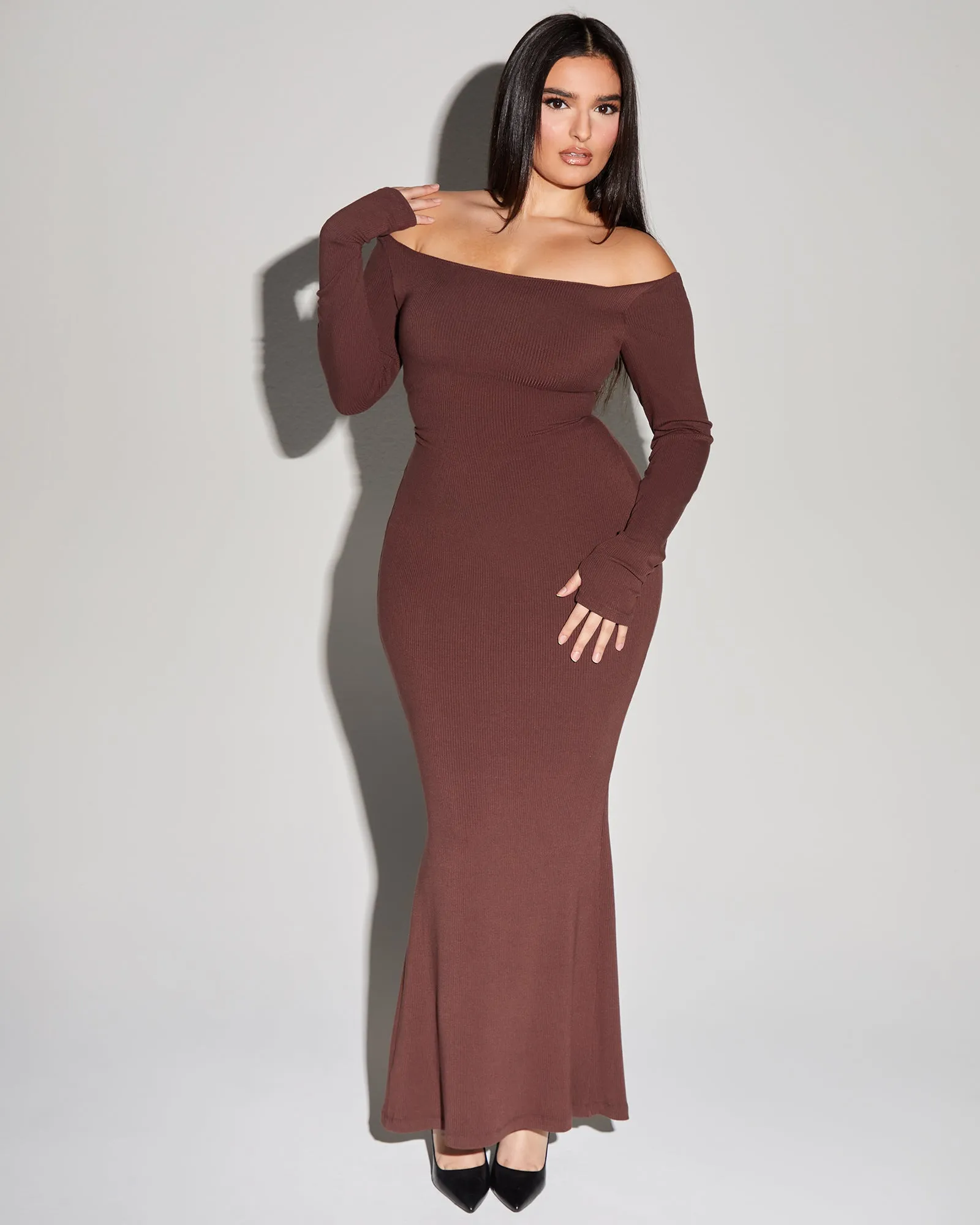 Scoopy Long Sleeve Rib Mermaid Dress - Mocha