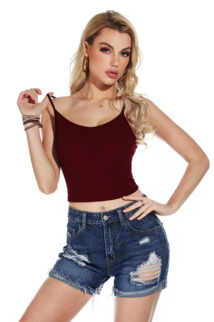 Sleeveless V Neck Casual Ribbed Knit Cami Crop Top