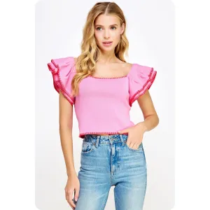 STB Contrast Embroidered Ruffle Sleeve Knit Top - Pink