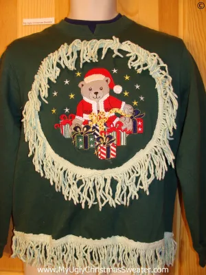 Tacky Christmas Sweatshirt Teddy Bear and Fringe