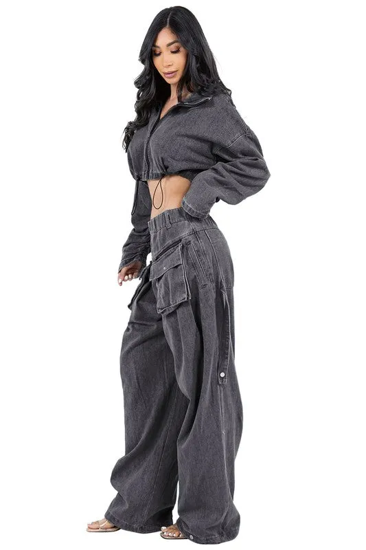 TEEK - DENIM TWO PIECE CROPPED POCKETED PANTS SET