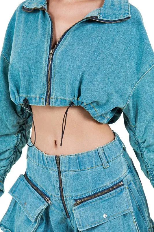 TEEK - DENIM TWO PIECE CROPPED POCKETED PANTS SET