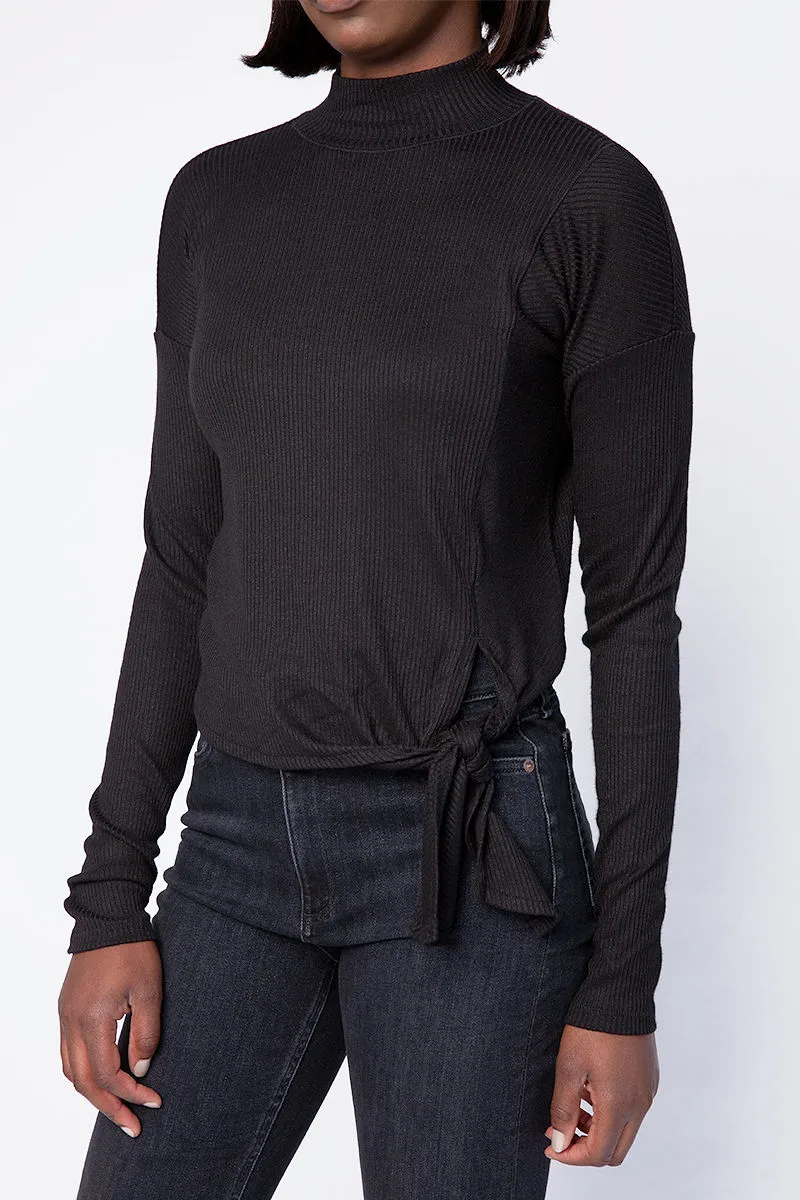 The Rib Knit Tie Turtleneck Top in Black