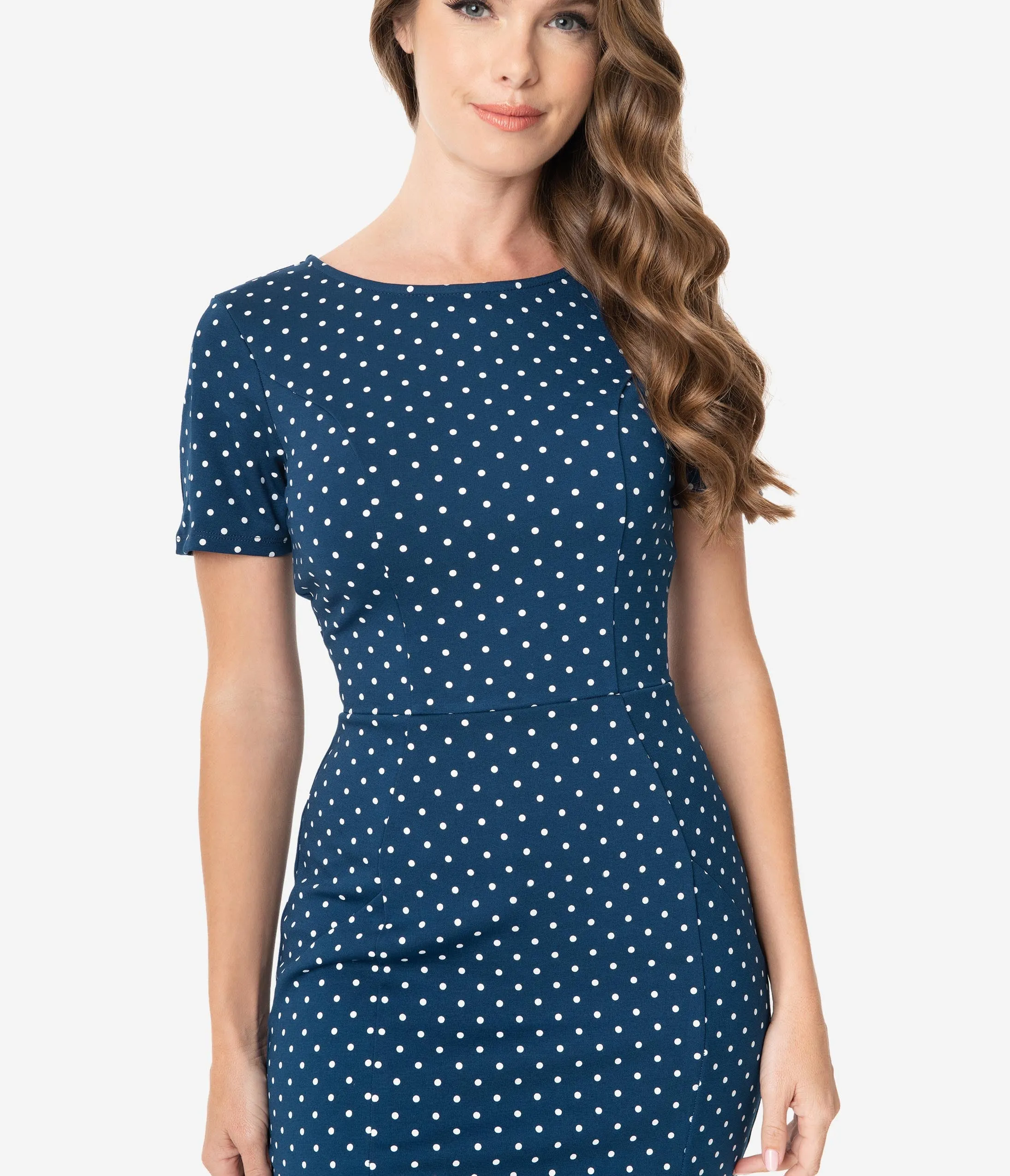 Unique Vintage 1960s Navy & White Pin Dot Short Sleeve Mod Wiggle Dress