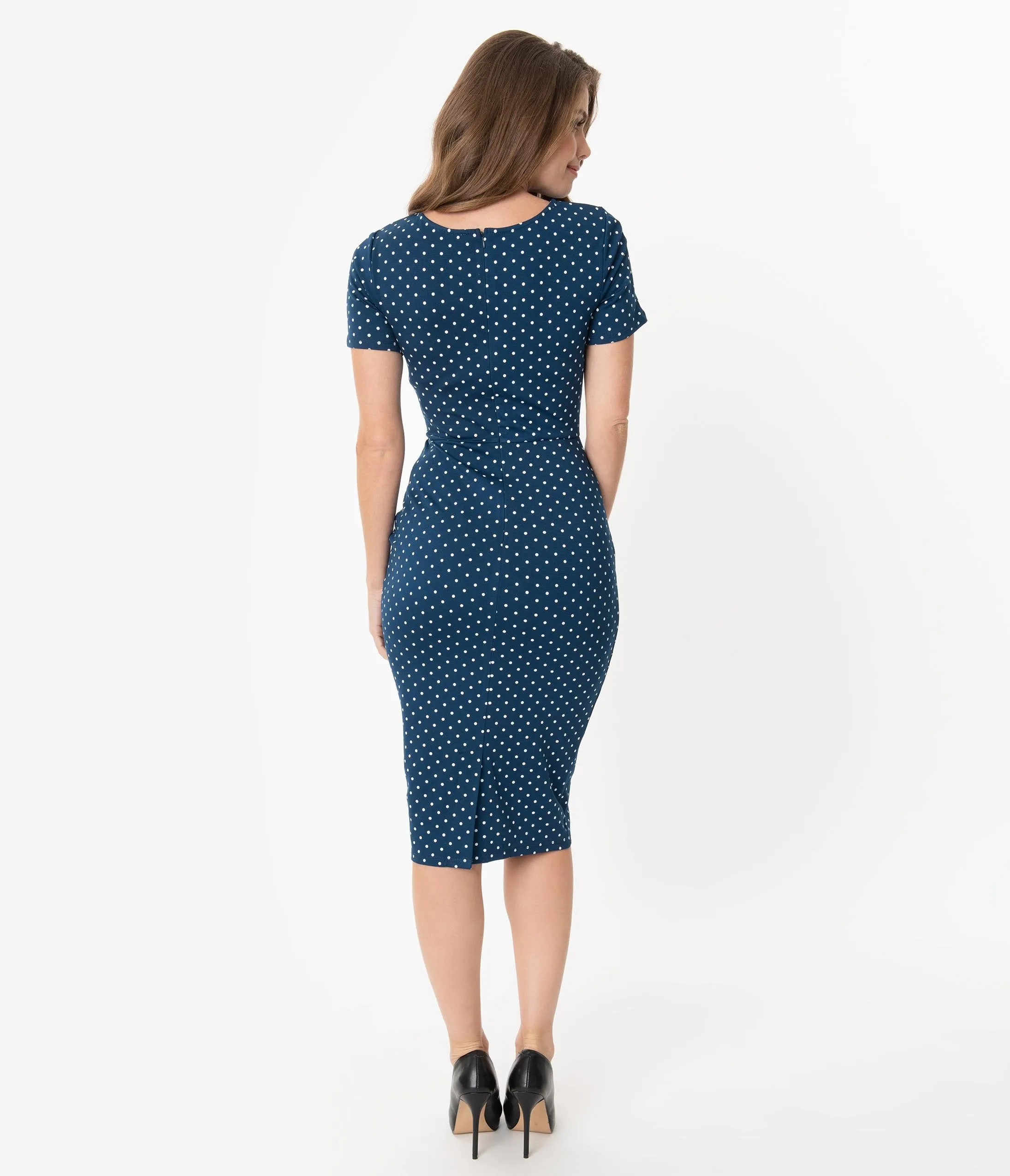 Unique Vintage 1960s Navy & White Pin Dot Short Sleeve Mod Wiggle Dress