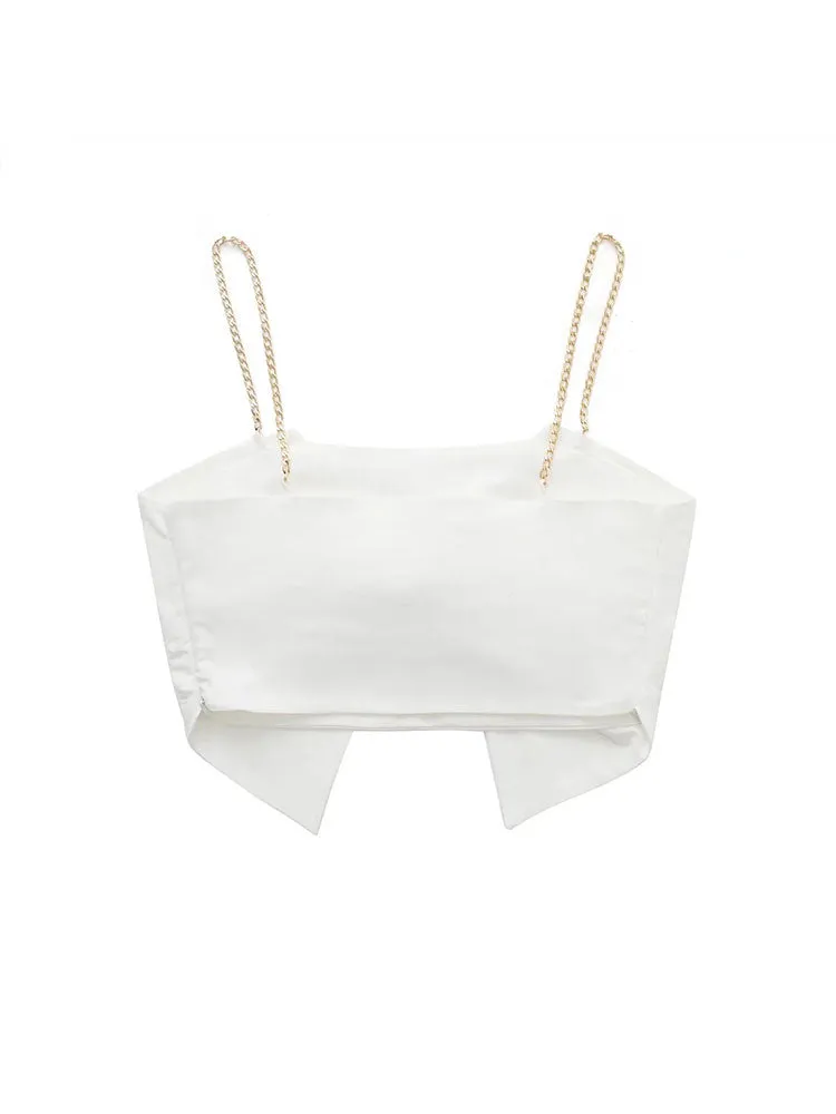 White Slim Bow Short Top Sweet Backless Cropped Top