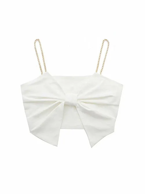 White Slim Bow Short Top Sweet Backless Cropped Top