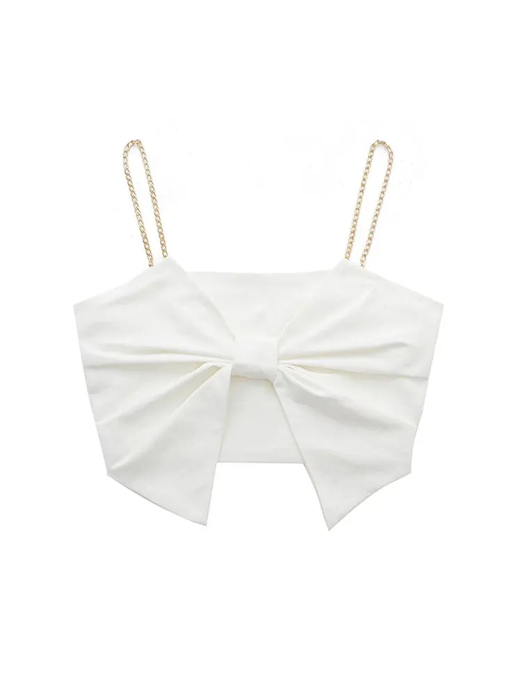 White Slim Bow Short Top Sweet Backless Cropped Top