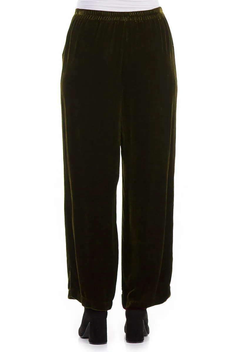 Wide Straight Khaki Silk Velvet Trousers