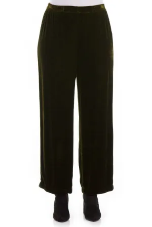 Wide Straight Khaki Silk Velvet Trousers