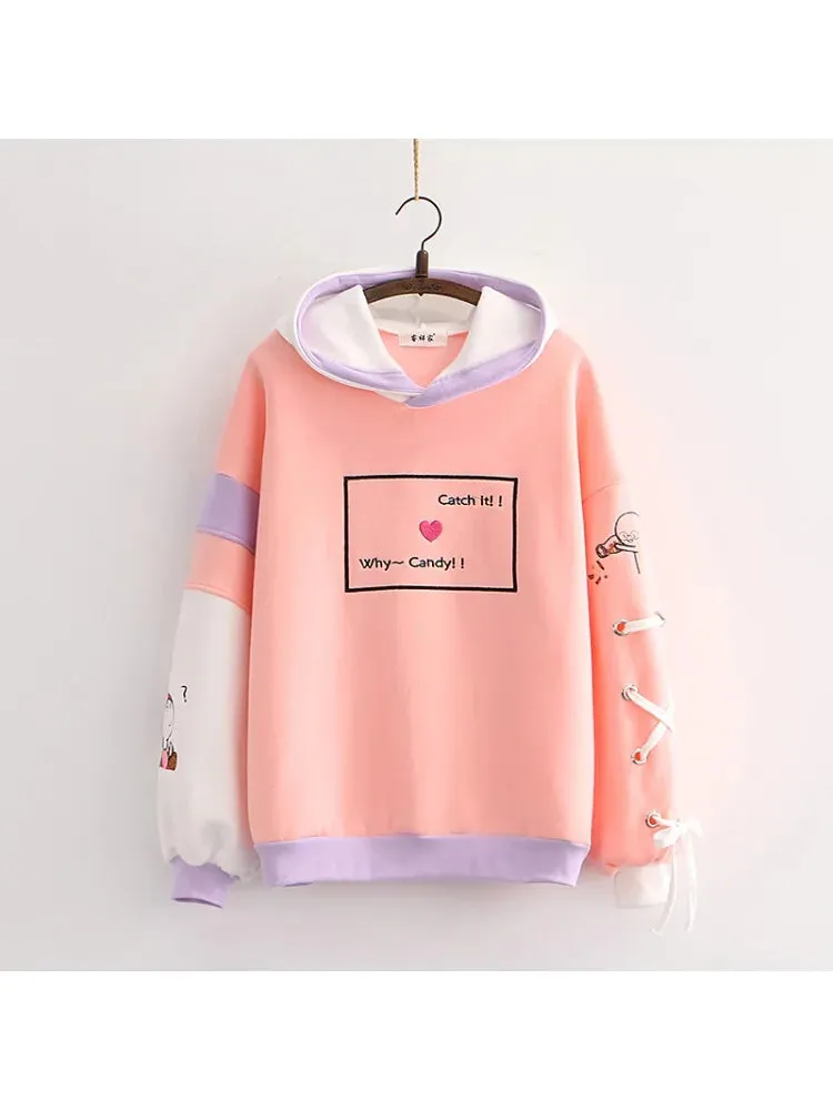 Women Hoodies And Sweatshirts Cartoon  Tetter Embroidery Long Sleeve Hooded Pullover Tracksuits Sweet Style Female Tops