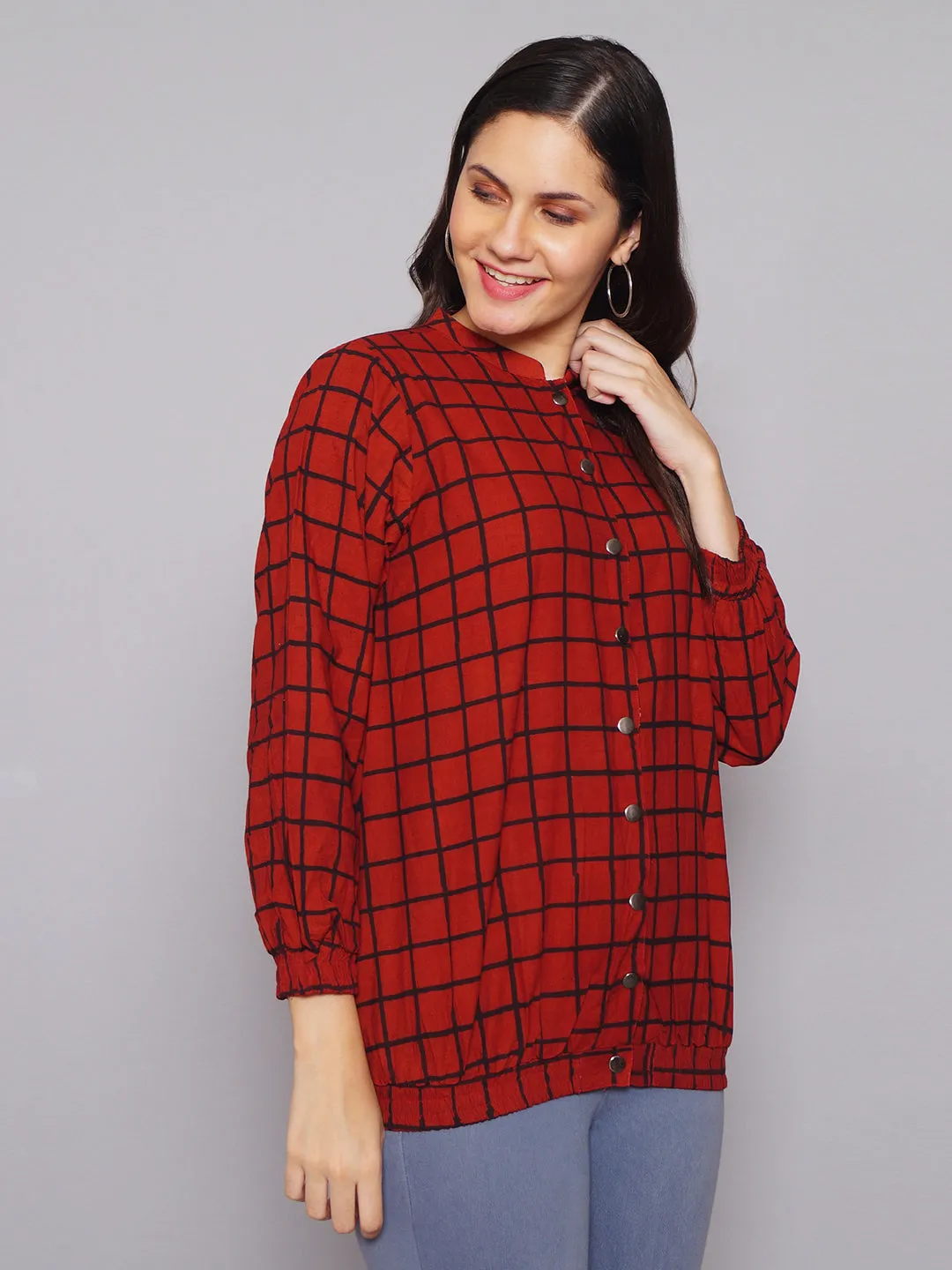 Women Maroon Checked Bomber Jacket