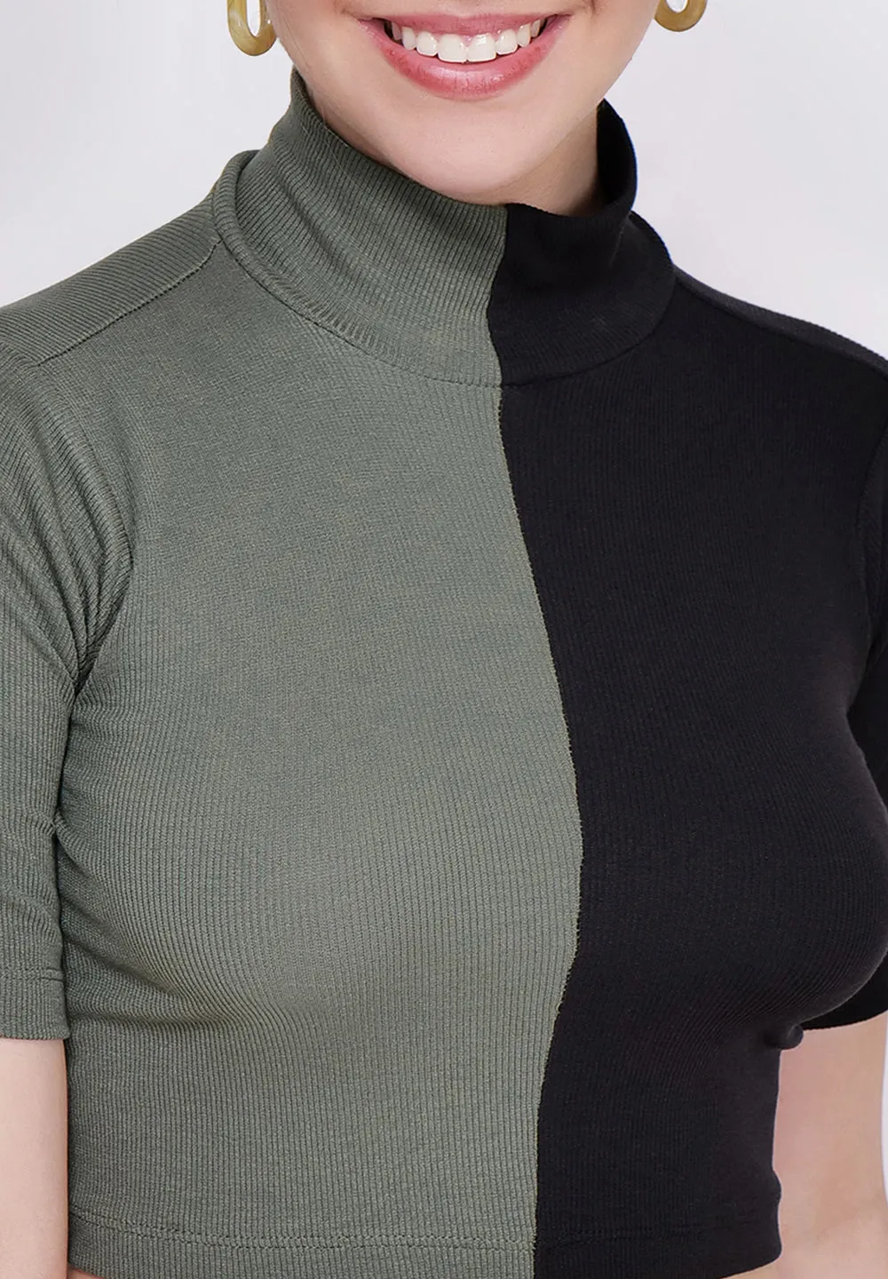 Women Olive & Black High Neck Fitted Crop Top