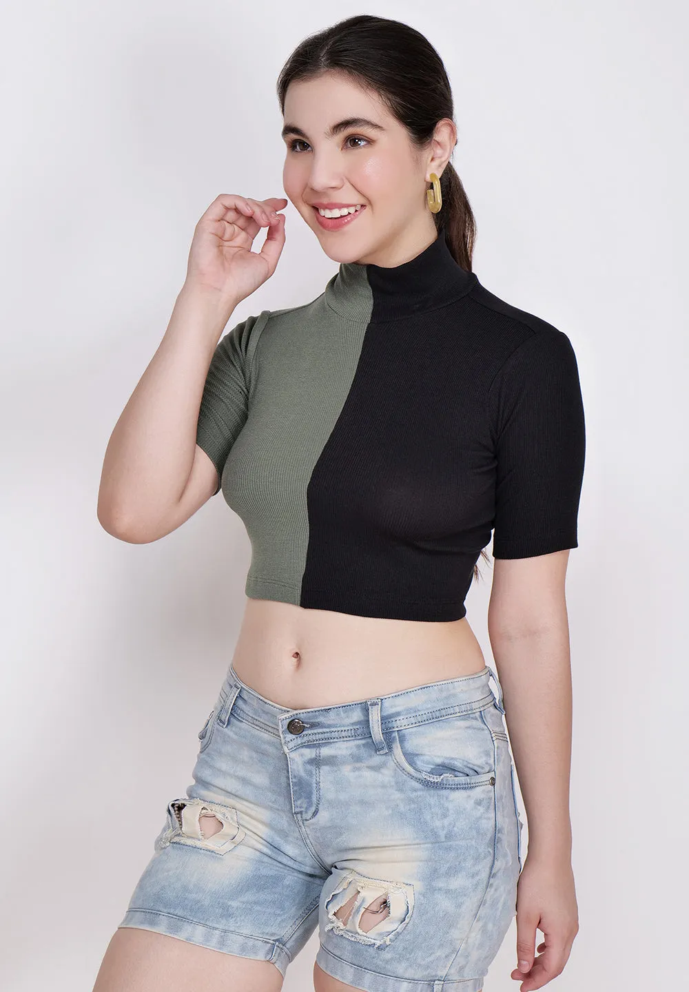 Women Olive & Black High Neck Fitted Crop Top