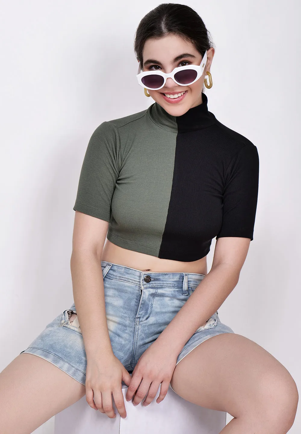 Women Olive & Black High Neck Fitted Crop Top