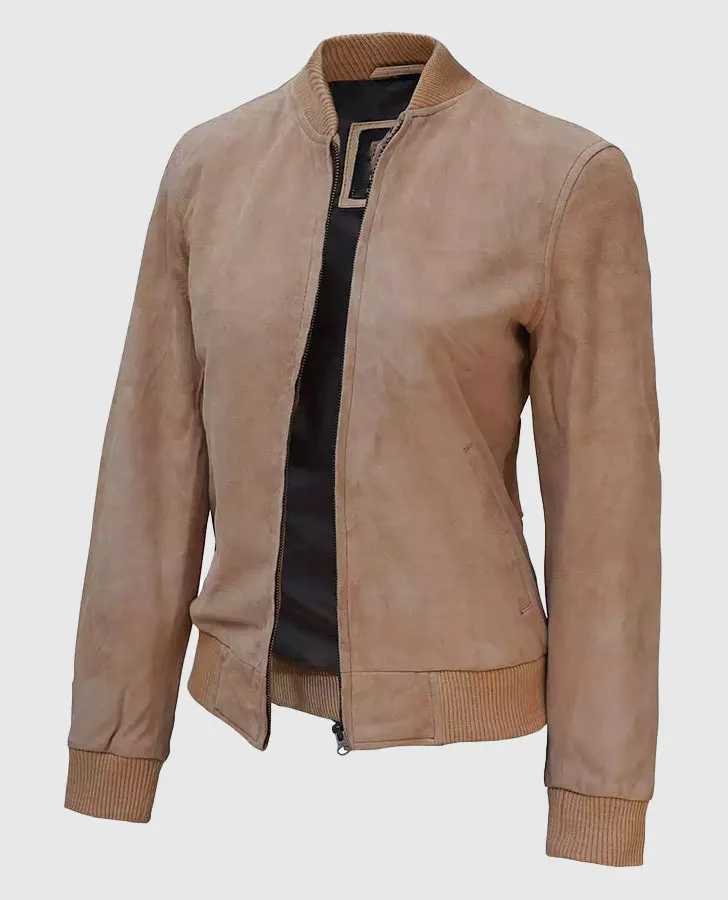 Women's Camel Suede Bomber Jacket