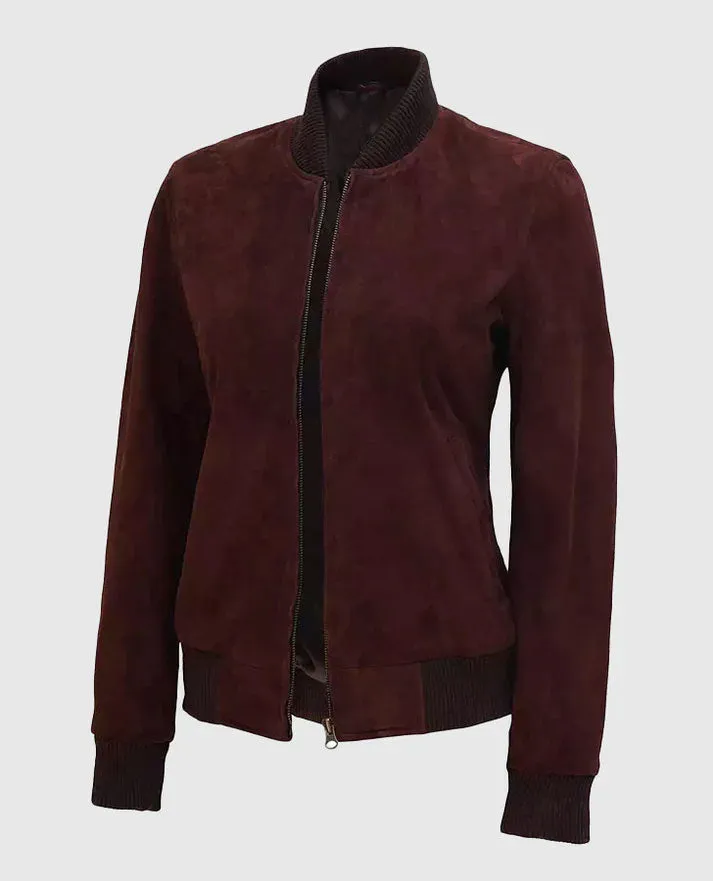 Women's Dark Brown Suede Leather Bomber Jacket