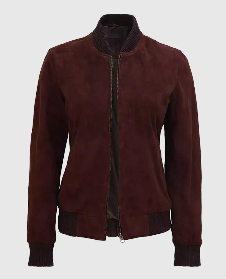 Women's Dark Brown Suede Leather Bomber Jacket