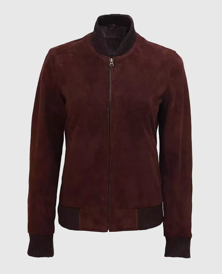 Women's Dark Brown Suede Leather Bomber Jacket