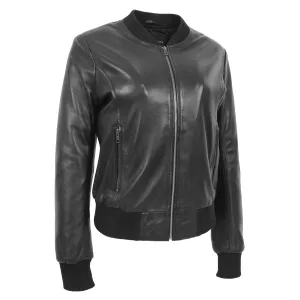 Womens Leather Bomber Jacket Black Zip Fasten Fitted Varsity Joy