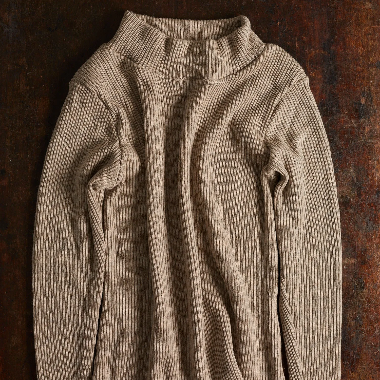 Womens Merino Wool Heavy Rib Turtle Neck Top - Sand Melange