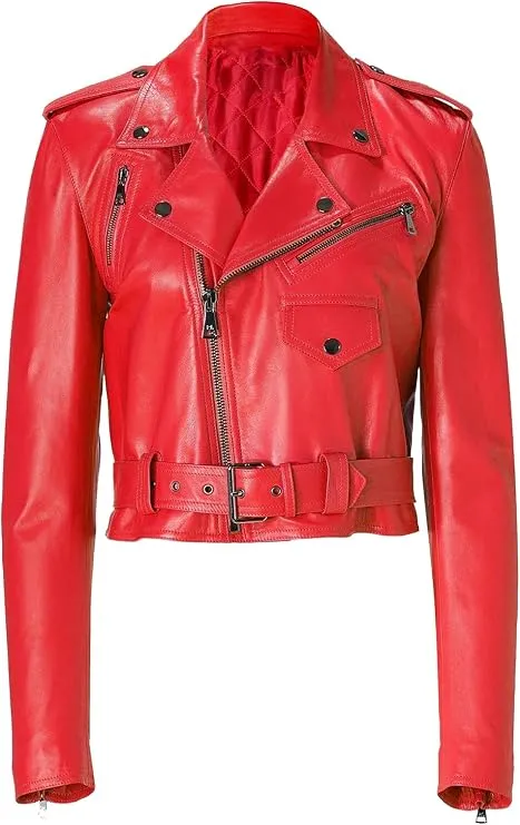 Women's Slim Fit Cropped Leather Biker Jacket WJ066