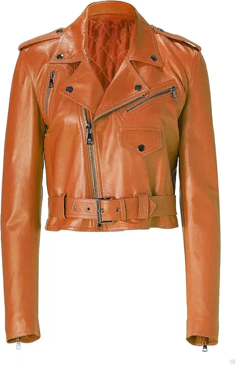 Women's Slim Fit Cropped Leather Biker Jacket WJ066