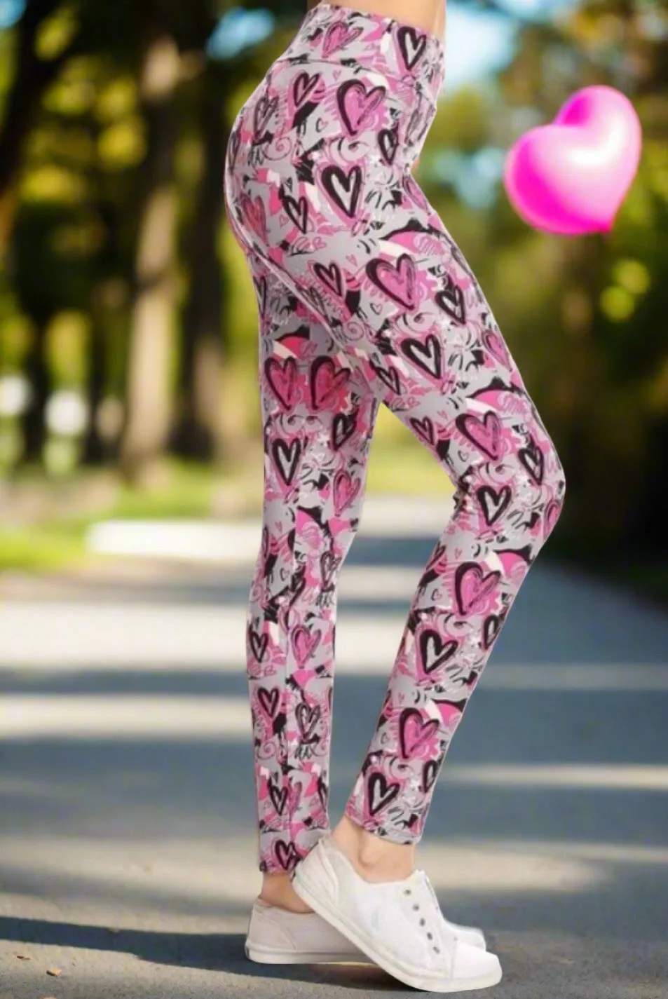 Womens Valentines Day Heart Leggings, Soft Yoga Pants, Sizes 0-20, Pink/Gray, Yoga Waist