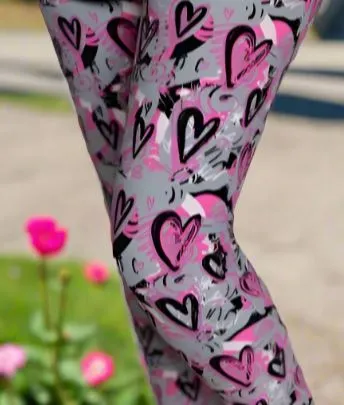 Womens Valentines Day Heart Leggings, Soft Yoga Pants, Sizes 0-20, Pink/Gray, Yoga Waist