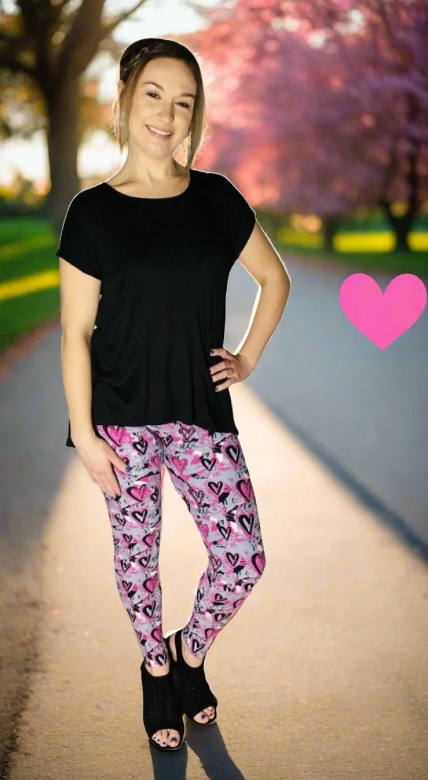 Womens Valentines Day Heart Leggings, Soft Yoga Pants, Sizes 0-20, Pink/Gray, Yoga Waist