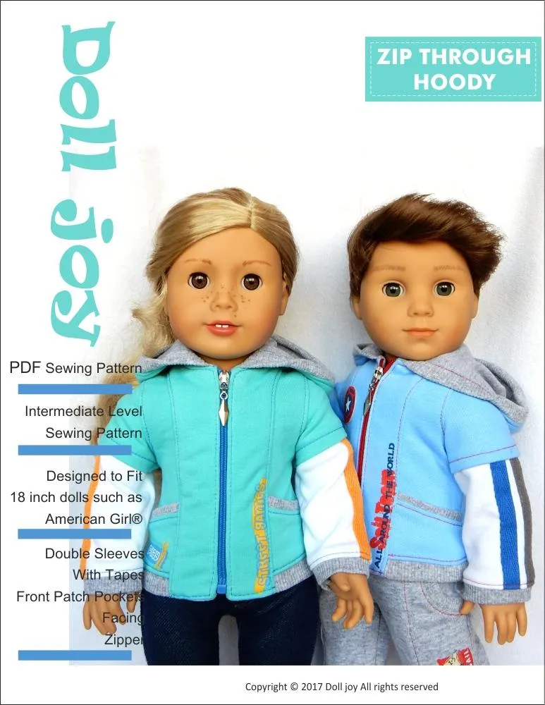 Zip Through Hoody 18" Doll Clothes Pattern