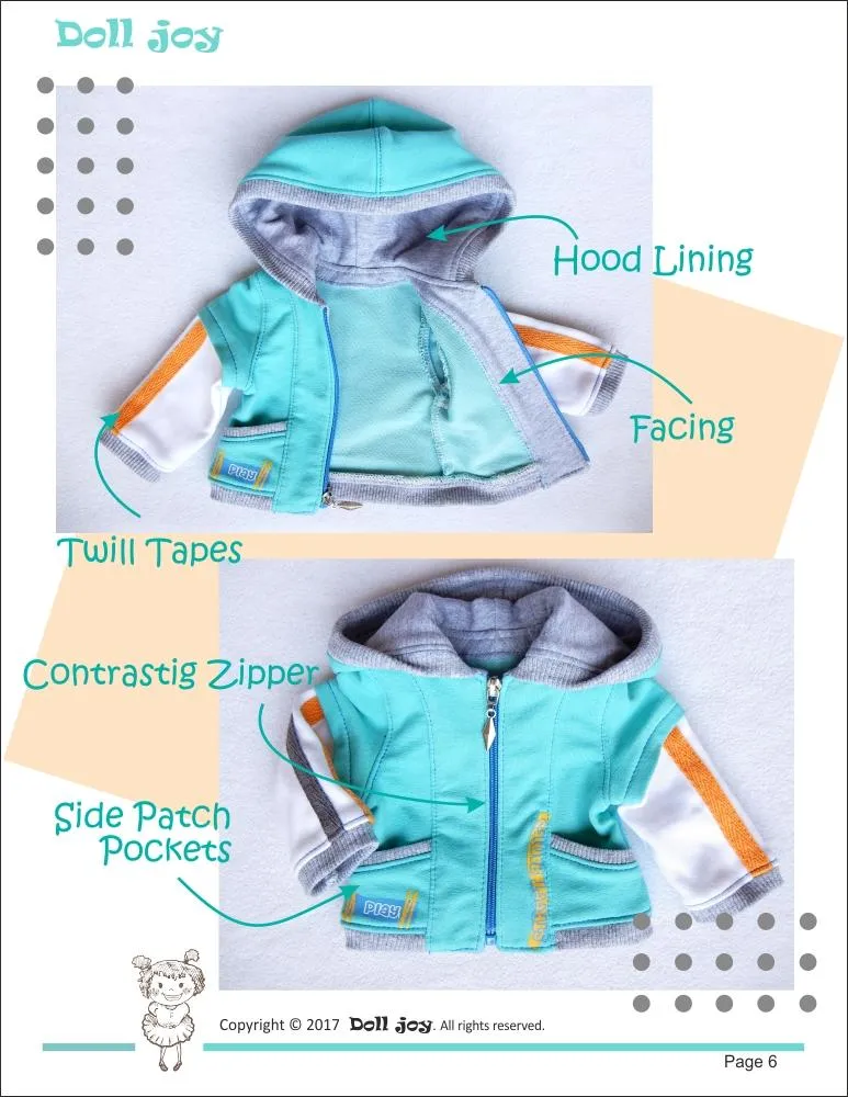 Zip Through Hoody 18" Doll Clothes Pattern