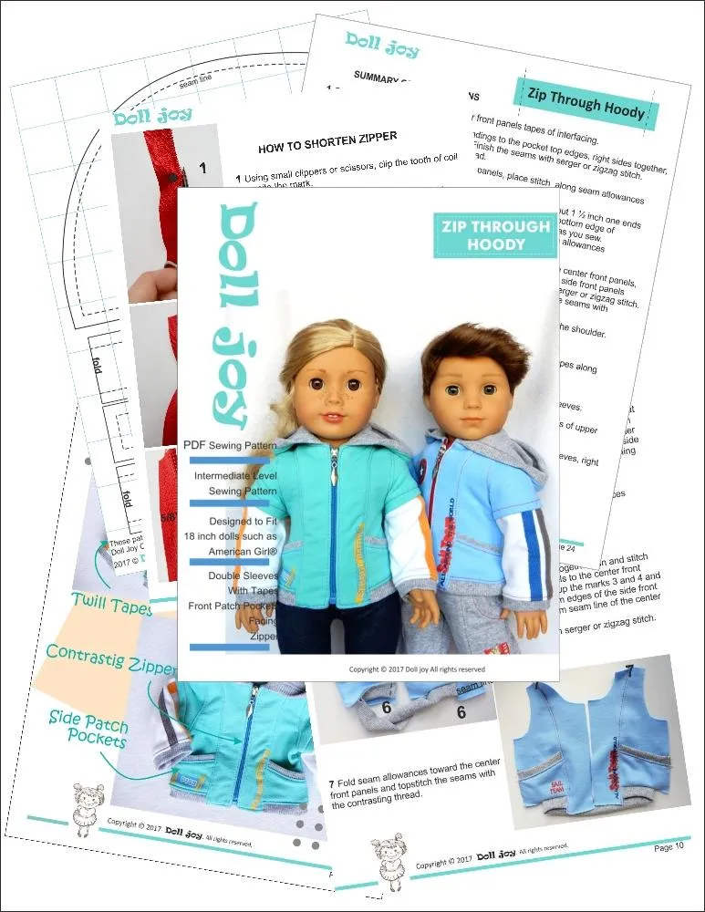 Zip Through Hoody 18" Doll Clothes Pattern